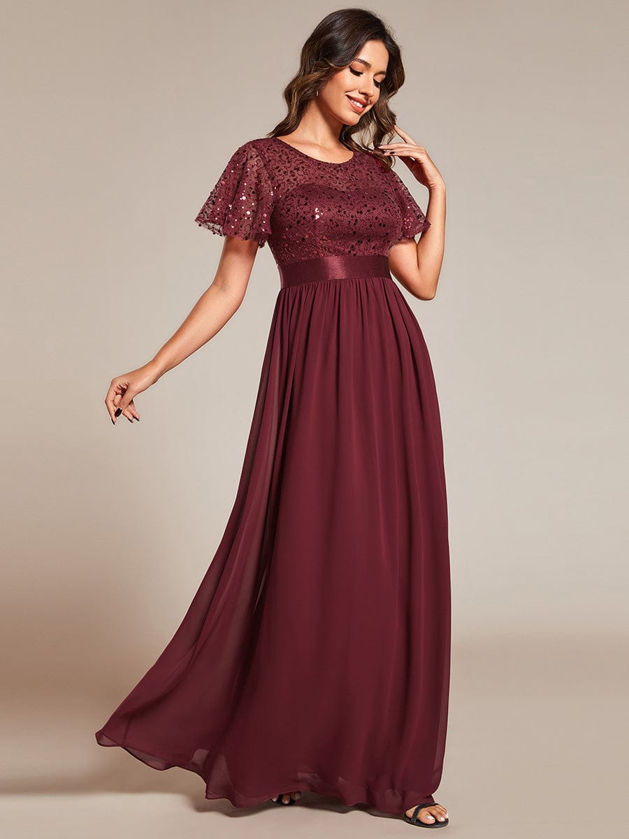 High Waist Sequin Round-Neck Short-Sleeved Evening Dress #color_Burgundy