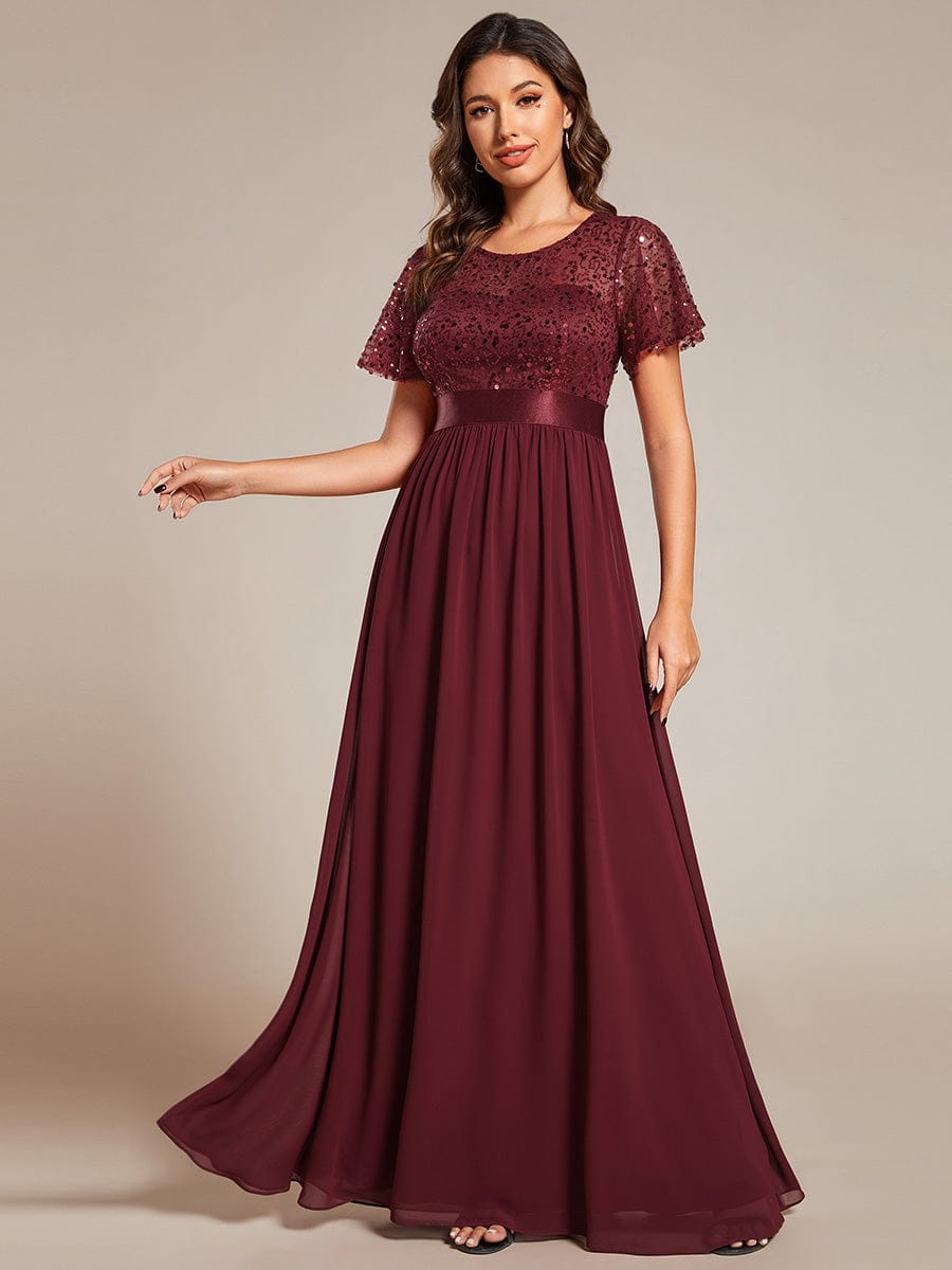 High Waist Sequin Round-Neck Short-Sleeved Evening Dress #color_Burgundy