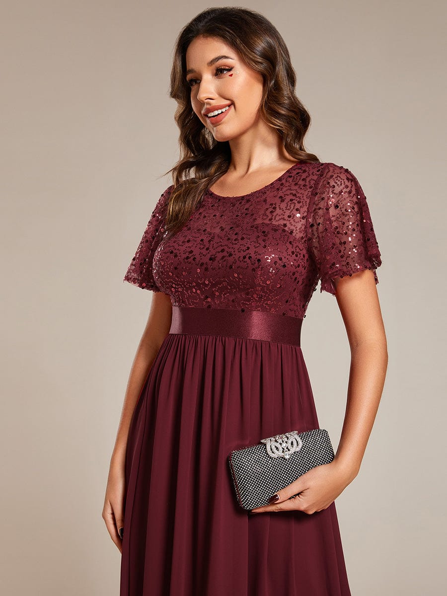 High Waist Sequin Round-Neck Short-Sleeved Evening Dress #color_Burgundy