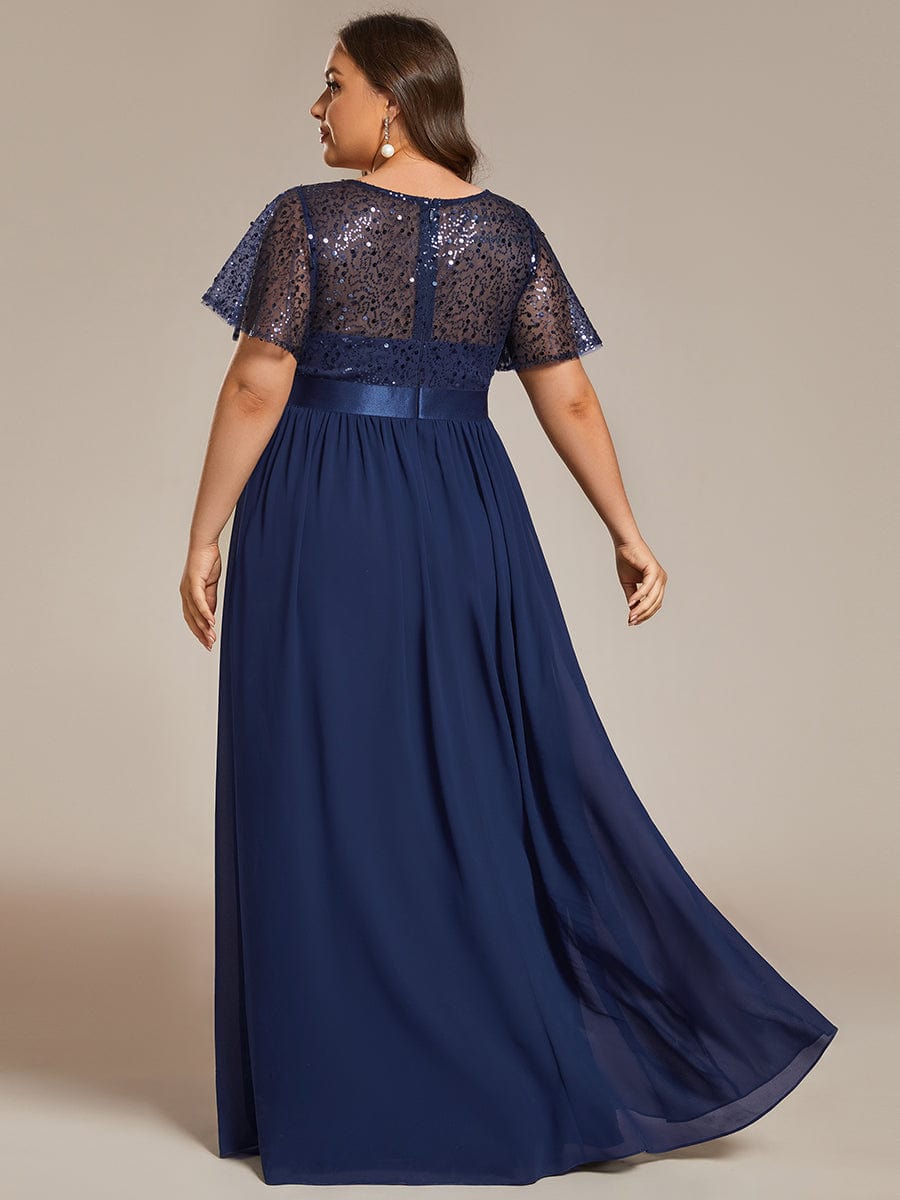 High Waist Sequin Round-Neck Short-Sleeved Evening Dress #color_Navy Blue