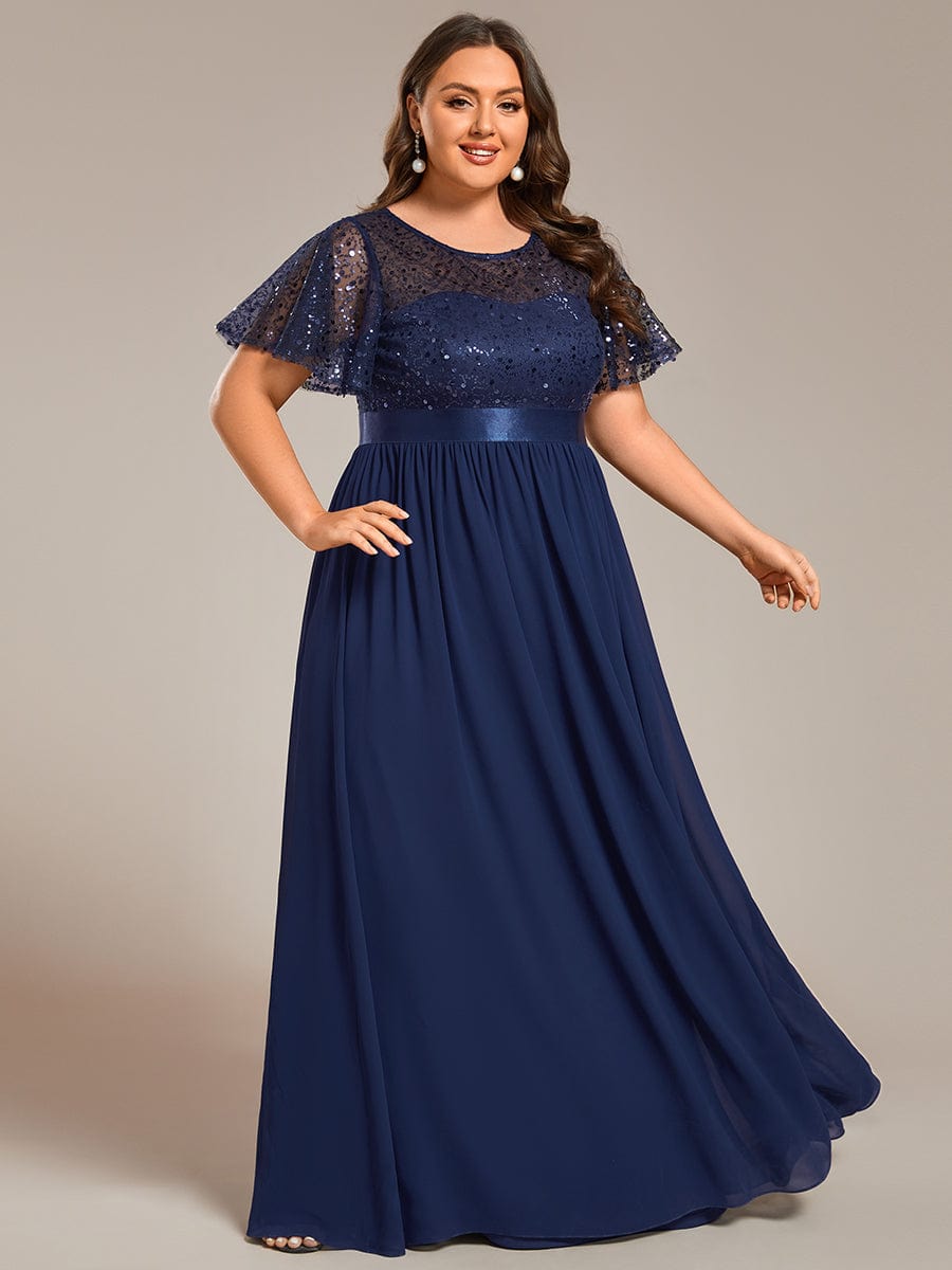 High Waist Sequin Round-Neck Short-Sleeved Evening Dress #color_Navy Blue