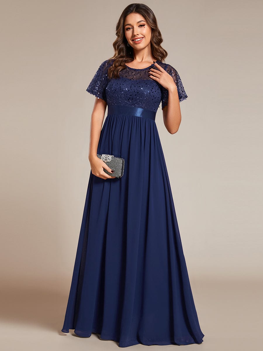 High Waist Sequin Round-Neck Short-Sleeved Evening Dress #color_Navy Blue