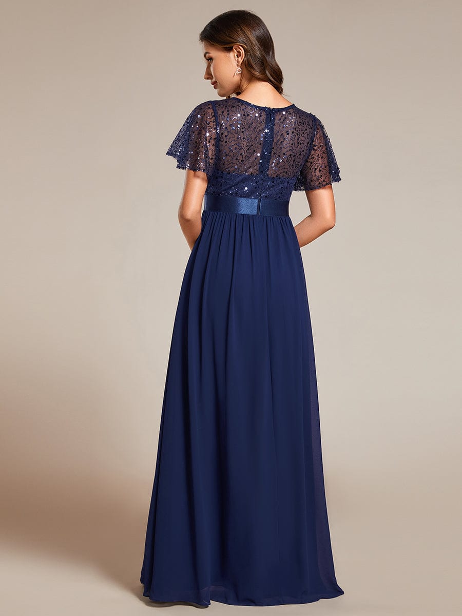 High Waist Sequin Round-Neck Short-Sleeved Evening Dress #color_Navy Blue