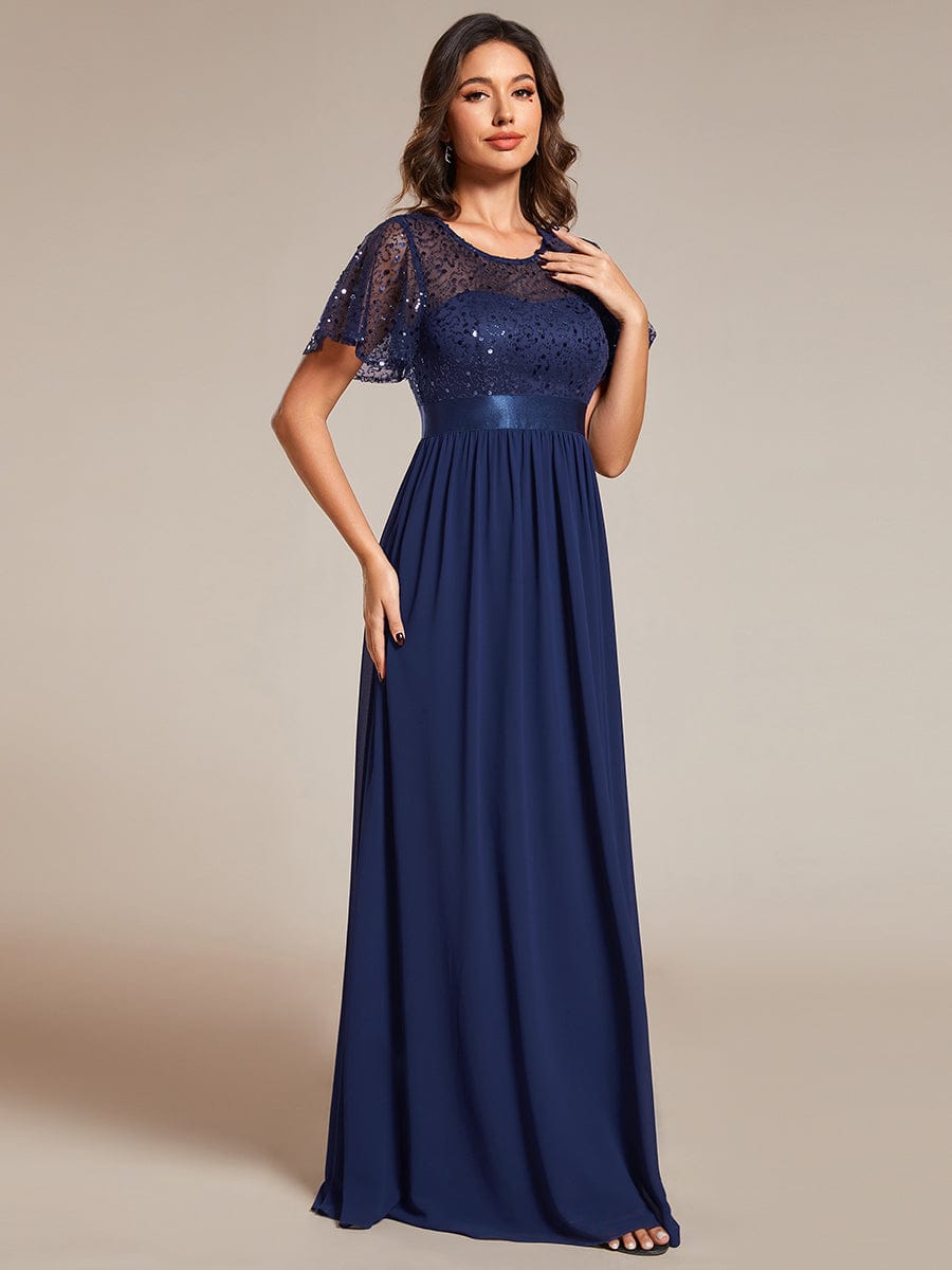 High Waist Sequin Round-Neck Short-Sleeved Evening Dress #color_Navy Blue