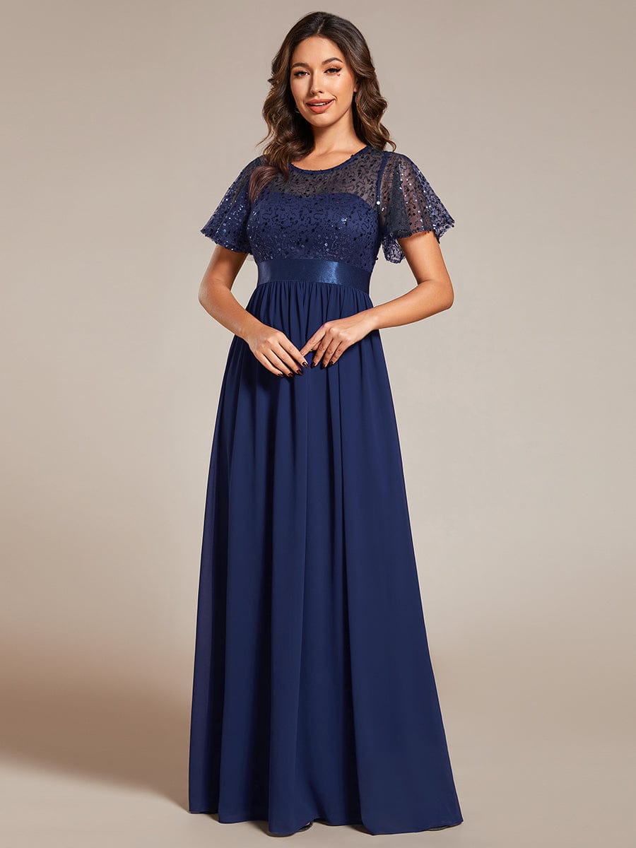 High Waist Sequin Round-Neck Short-Sleeved Evening Dress #color_Navy Blue