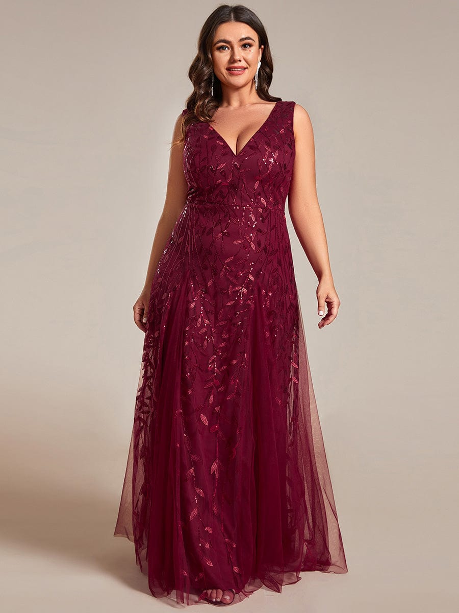 Plus Size Sleeveless V-Neck Sequined A-Line Evening Dresses #color_Burgundy