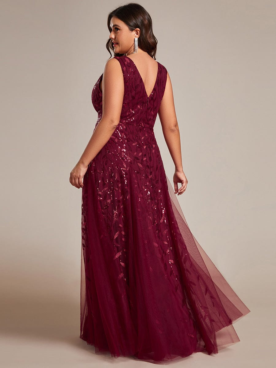 Sleeveless V-Neck Sequined A-Line Evening Dresses #color_Burgundy