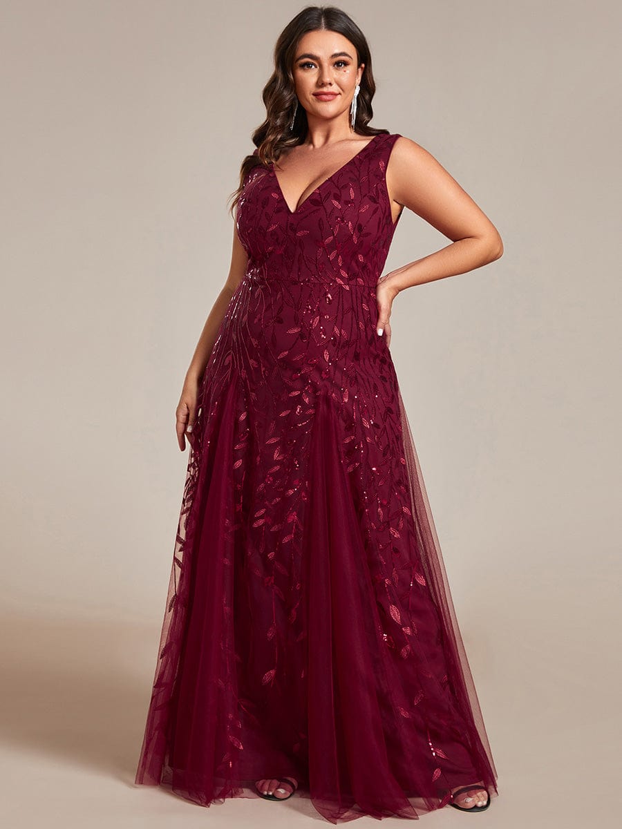 Plus Size Sleeveless V-Neck Sequined A-Line Evening Dresses #color_Burgundy