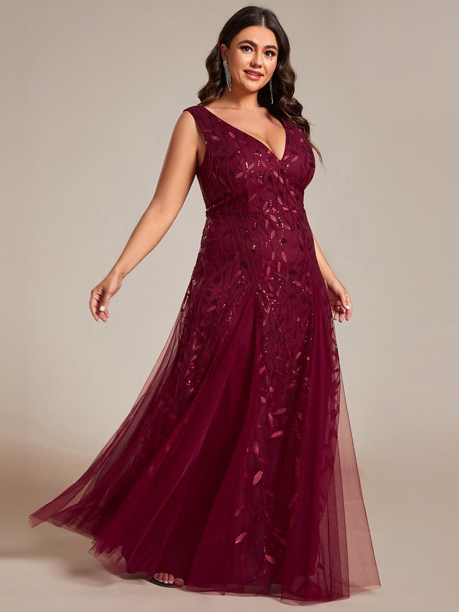 Sleeveless V-Neck Sequined A-Line Evening Dresses #color_Burgundy