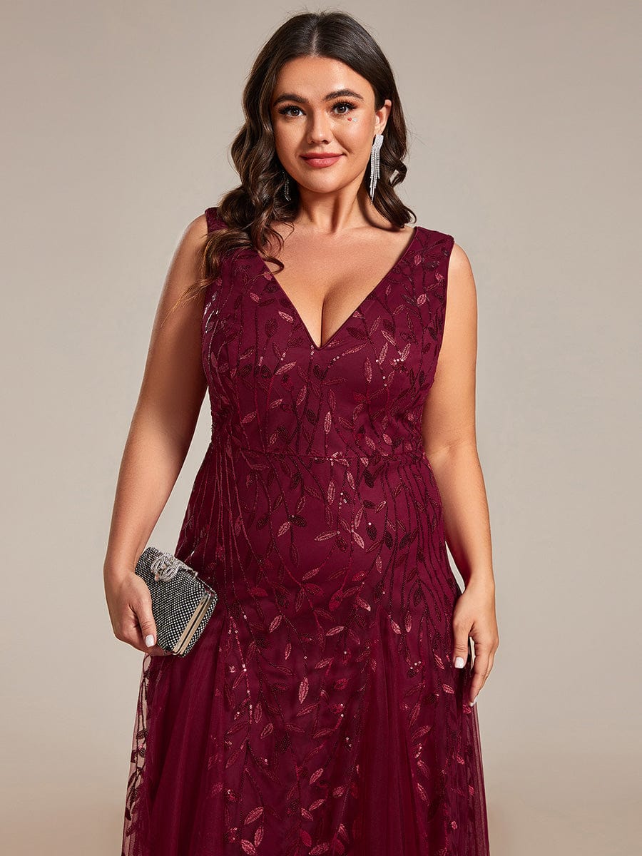 Sleeveless V-Neck Sequined A-Line Evening Dresses #color_Burgundy