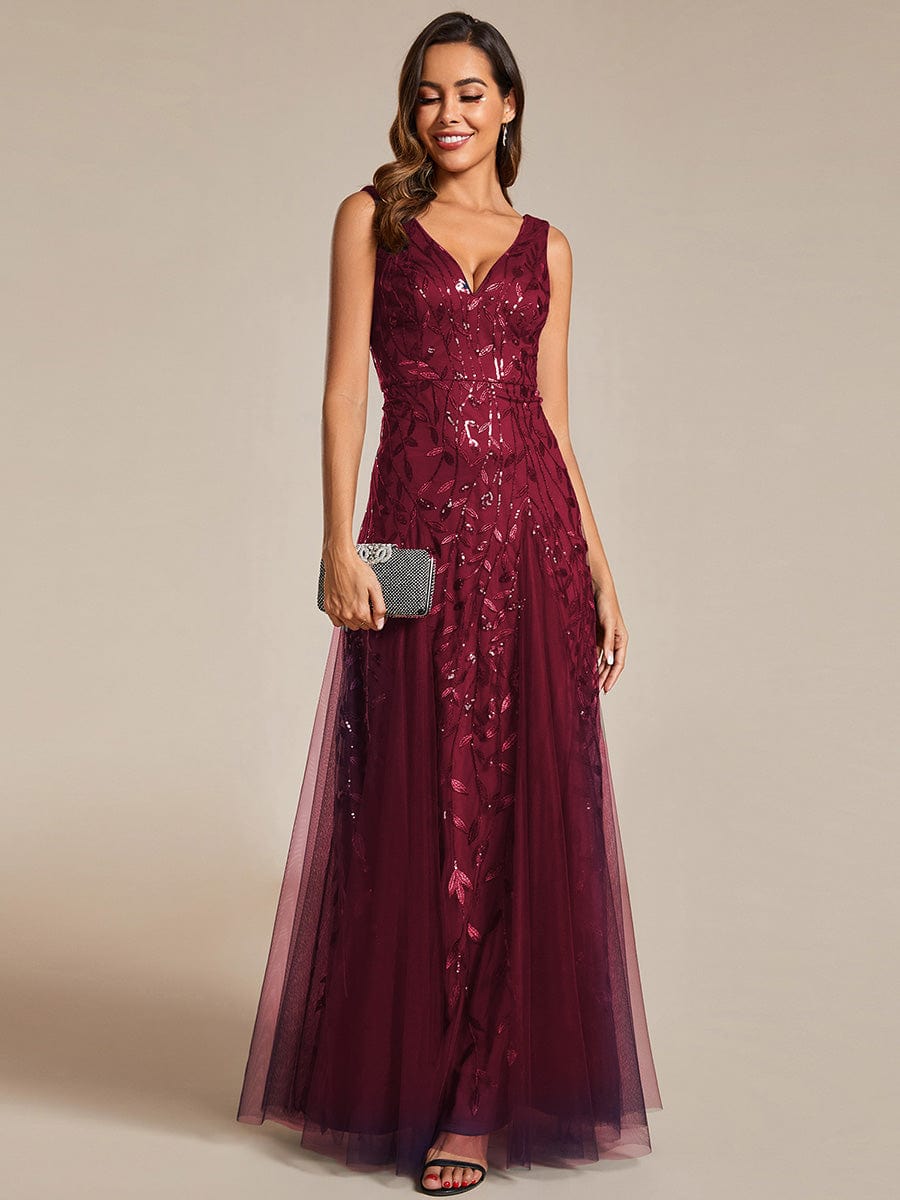 Sleeveless V-Neck Sequined A-Line Evening Dresses #color_Burgundy