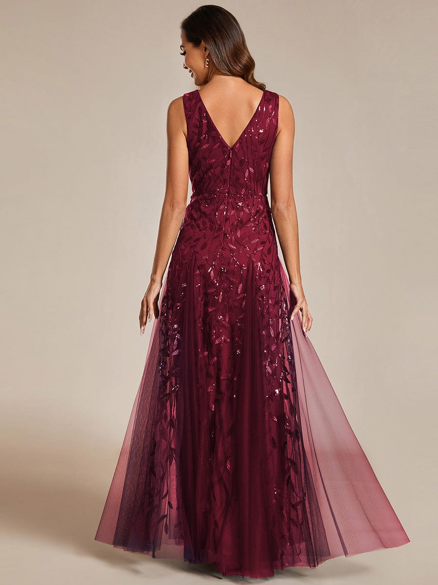 Sleeveless V-Neck Sequined A-Line Evening Dresses #color_Burgundy