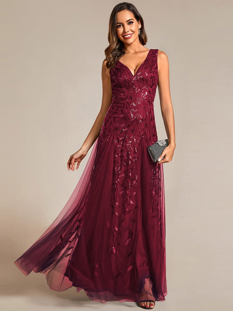 Sleeveless V-Neck Sequined A-Line Evening Dresses #color_Burgundy