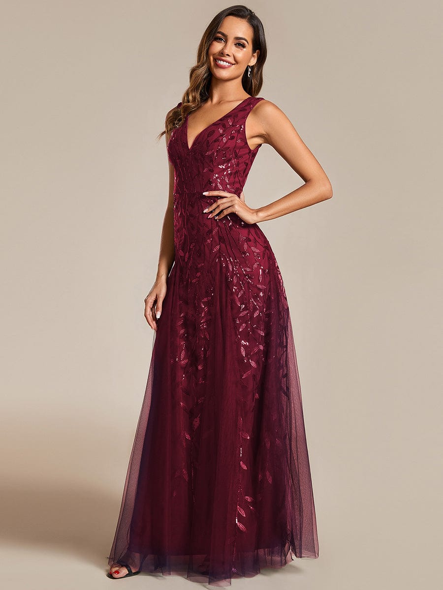 Sleeveless V-Neck Sequined A-Line Evening Dresses #color_Burgundy