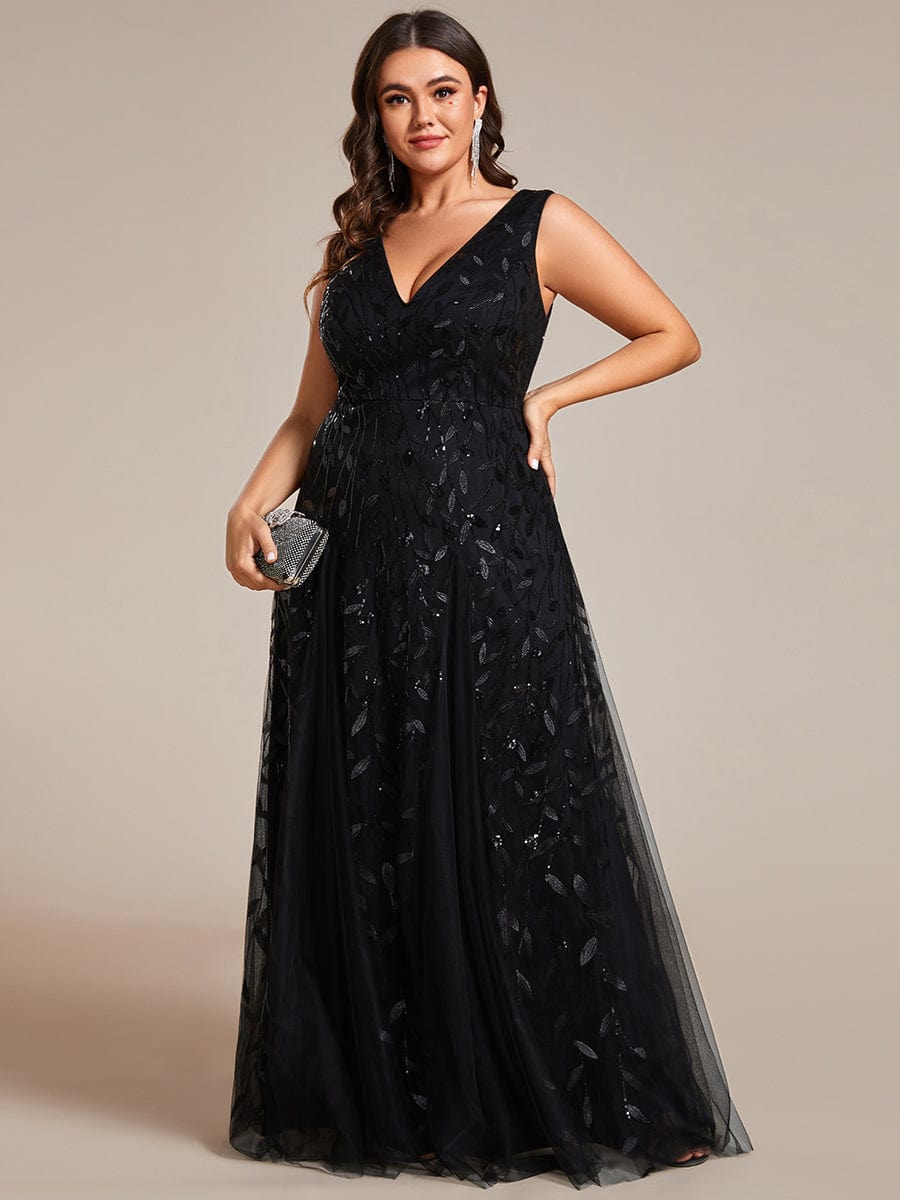 Sleeveless V-Neck Sequined A-Line Evening Dresses #color_Black