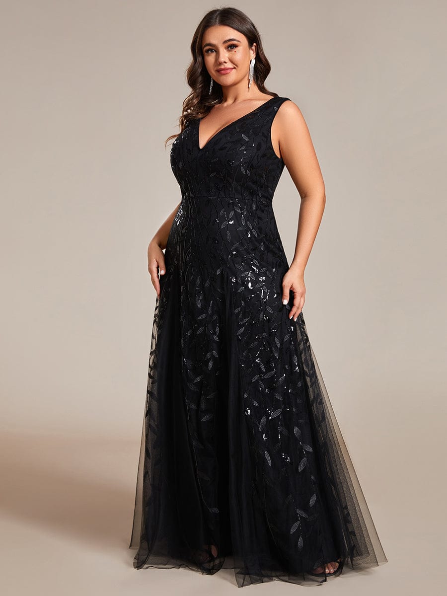 Plus Size Sleeveless V-Neck Sequined A-Line Evening Dresses #color_Black