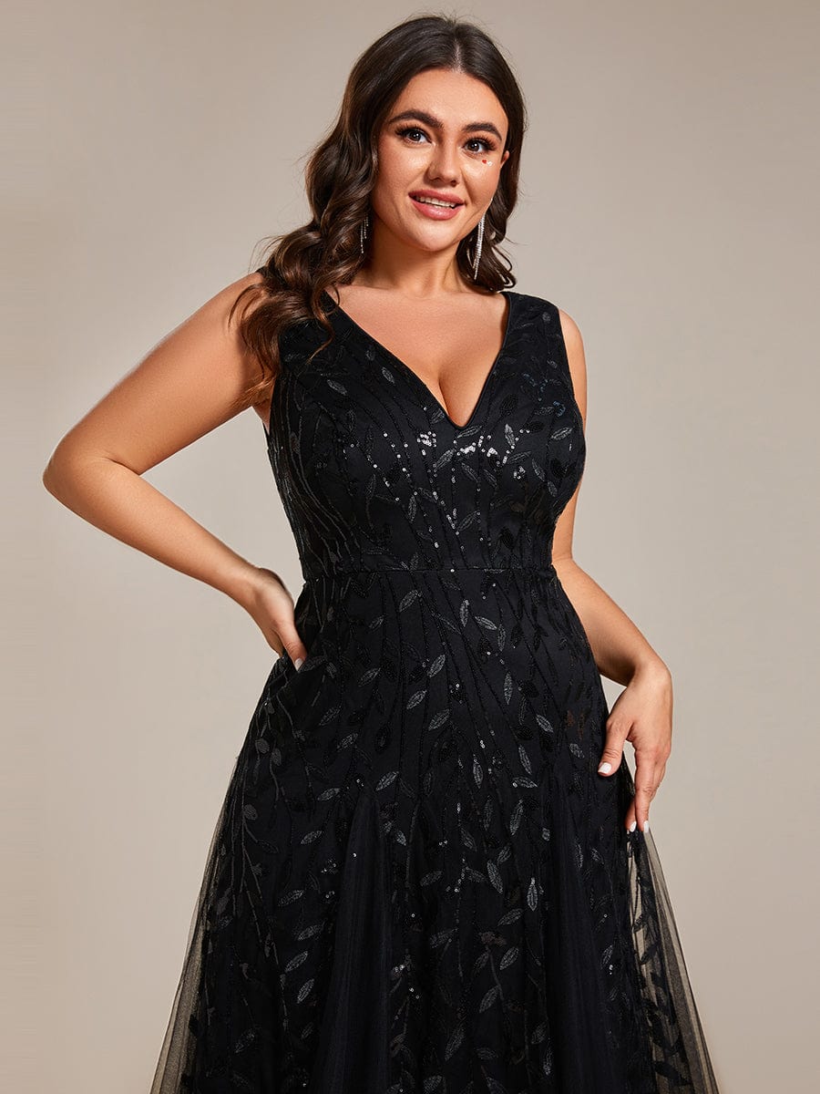 Sleeveless V-Neck Sequined A-Line Evening Dresses #color_Black