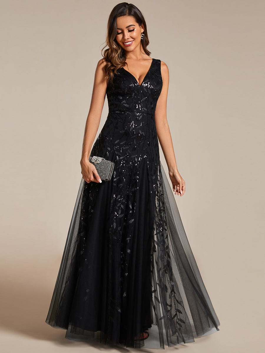 Sleeveless V-Neck Sequined A-Line Evening Dresses #color_Black