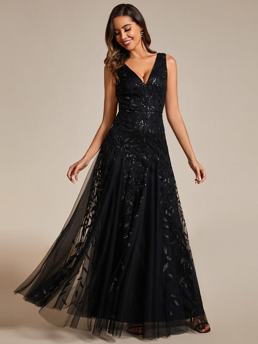 Sleeveless V-Neck Sequined A-Line Evening Dresses #color_Black