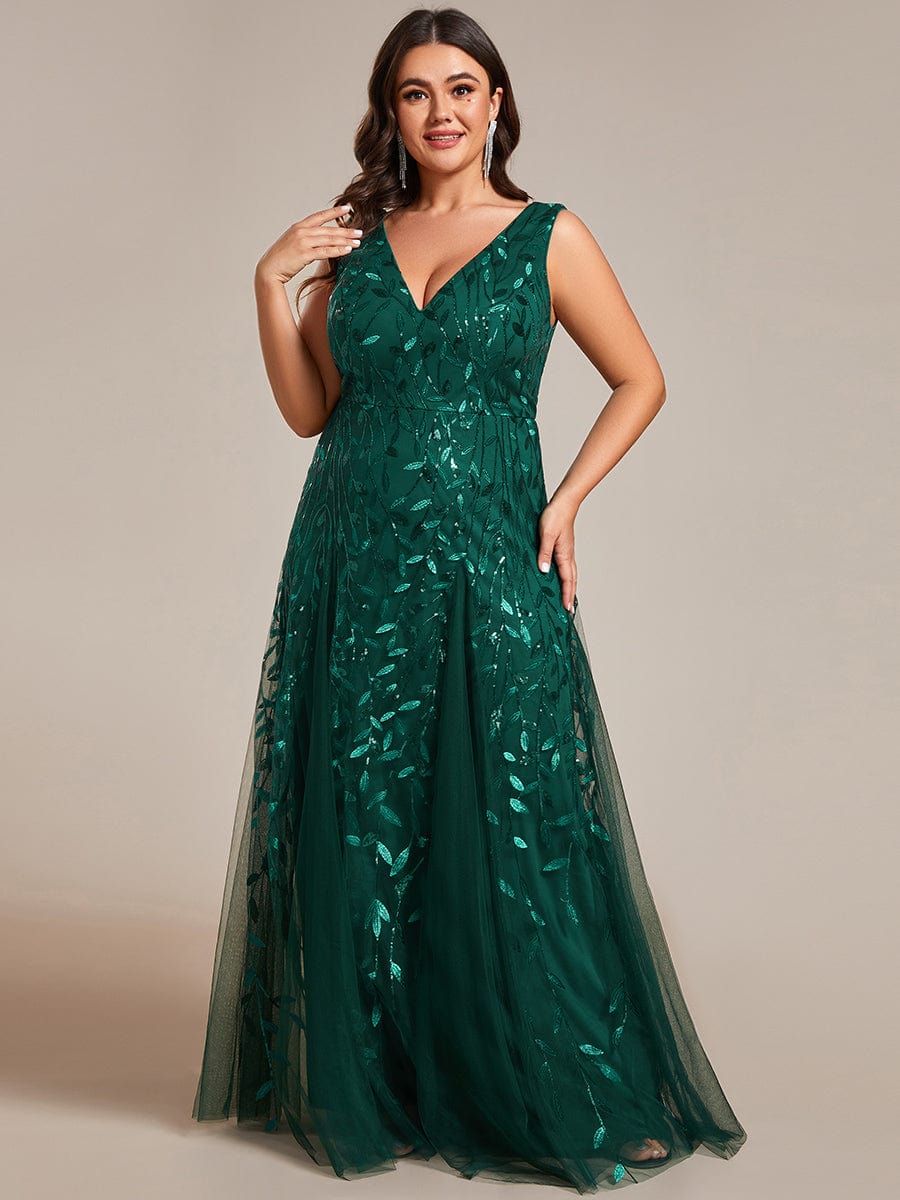 Plus Size Sleeveless V-Neck Sequined A-Line Evening Dresses #color_Dark Green