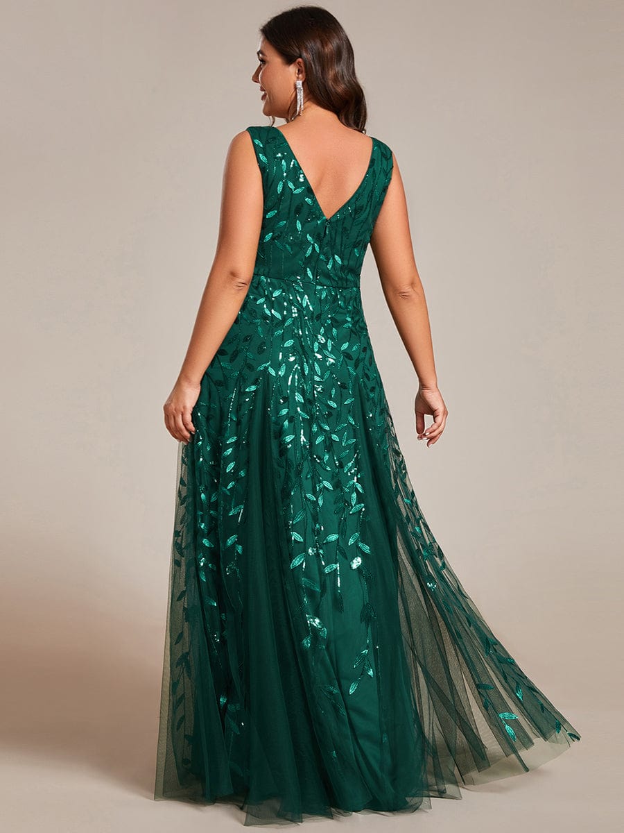 Sleeveless V-Neck Sequined A-Line Evening Dresses #color_Dark Green