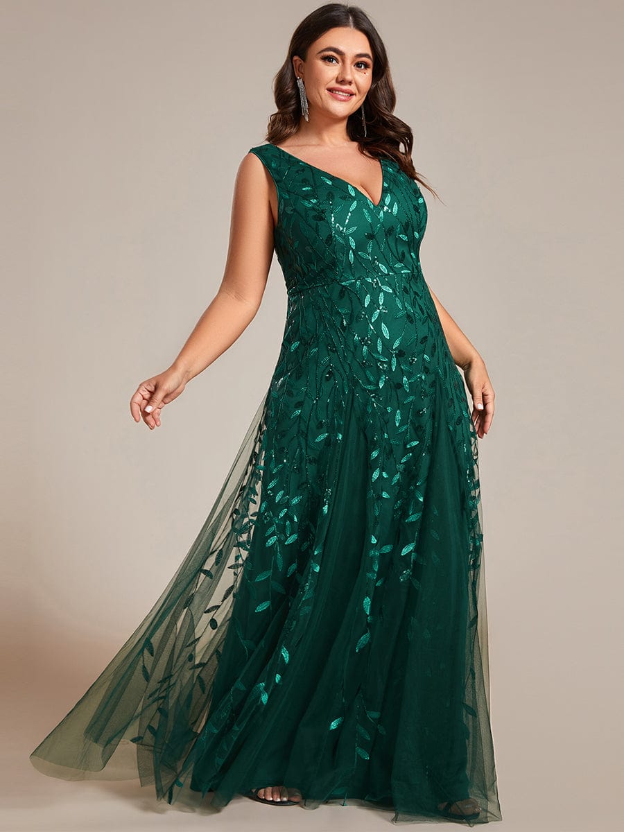 Plus Size Sleeveless V-Neck Sequined A-Line Evening Dresses #color_Dark Green