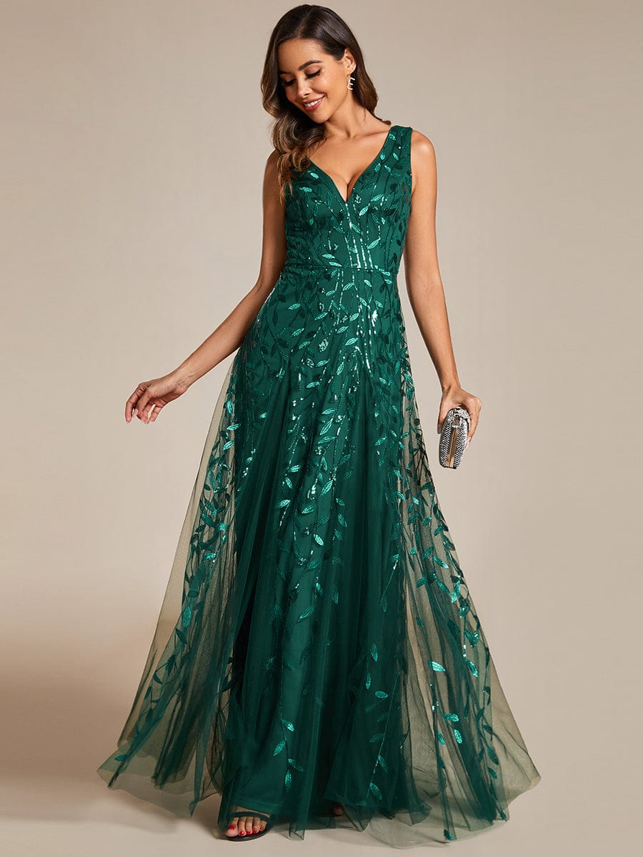 Sleeveless V-Neck Sequined A-Line Evening Dresses #color_Dark Green