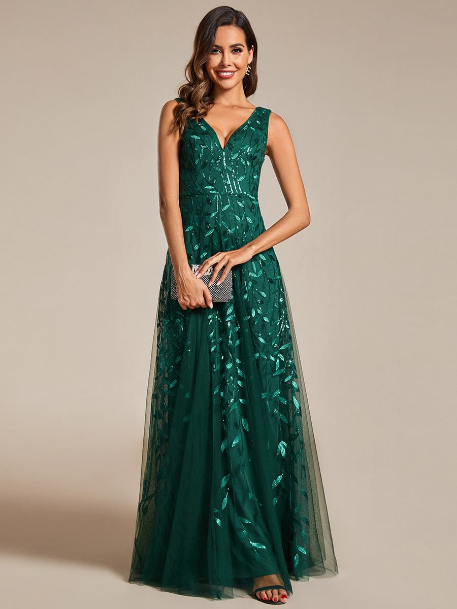 Sleeveless V-Neck Sequined A-Line Evening Dresses #color_Dark Green