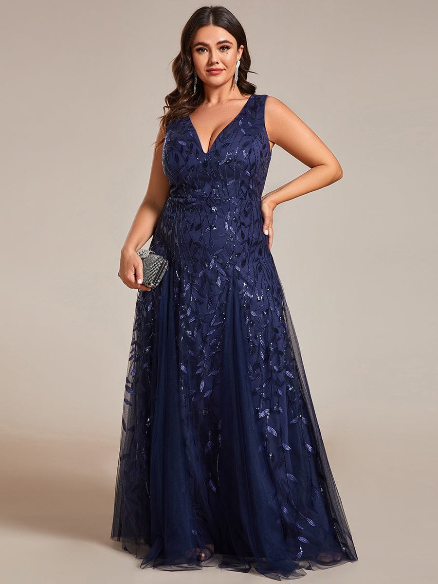 Plus Size Sleeveless V-Neck Sequined A-Line Evening Dresses #color_Navy Blue