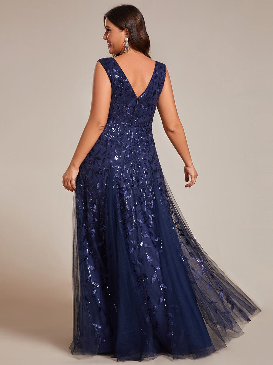 Sleeveless V-Neck Sequined A-Line Evening Dresses #color_Navy Blue