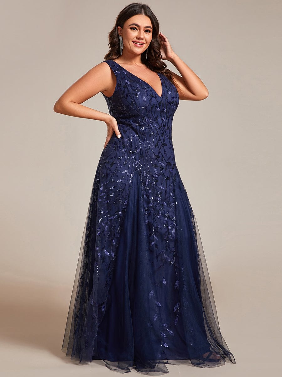 Sleeveless V-Neck Sequined A-Line Evening Dresses #color_Navy Blue