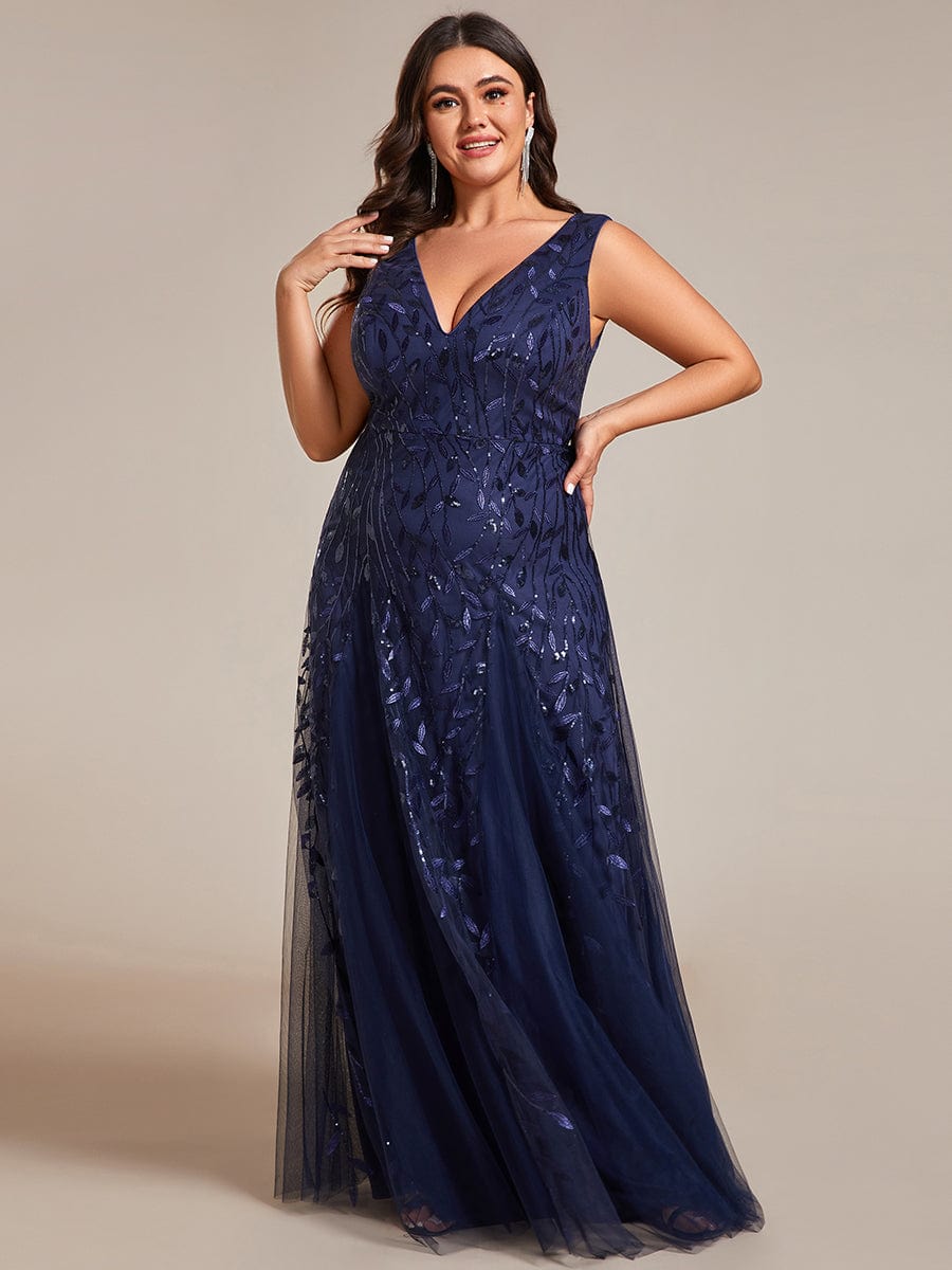 Plus Size Sleeveless V-Neck Sequined A-Line Evening Dresses #color_Navy Blue