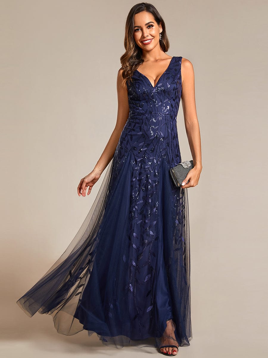 Sleeveless V-Neck Sequined A-Line Evening Dresses #color_Navy Blue