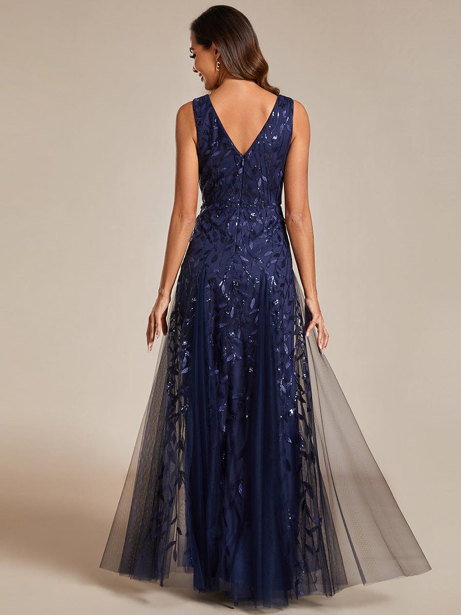 Sleeveless V-Neck Sequined A-Line Evening Dresses #color_Navy Blue