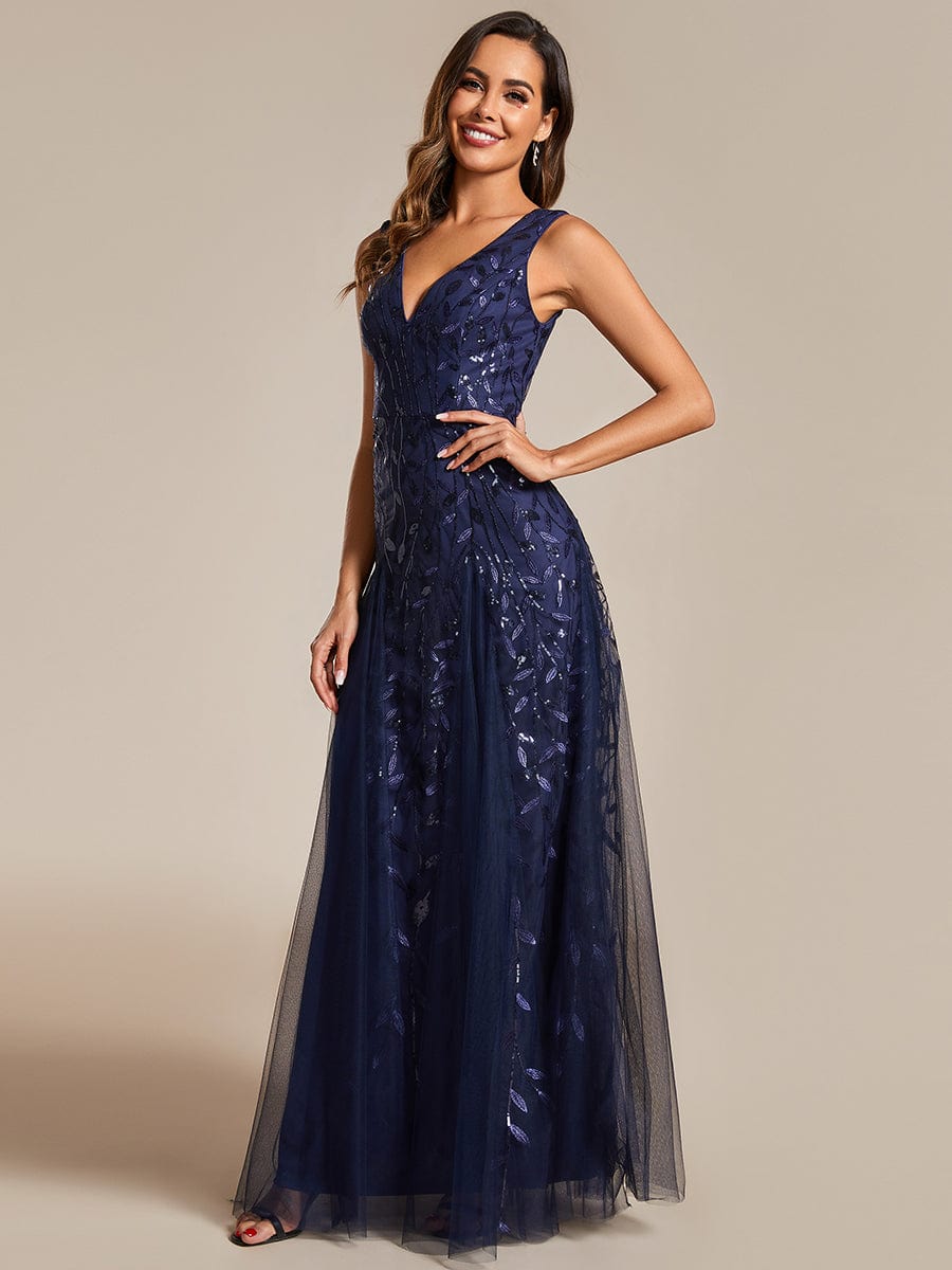 Sleeveless V-Neck Sequined A-Line Evening Dresses #color_Navy Blue