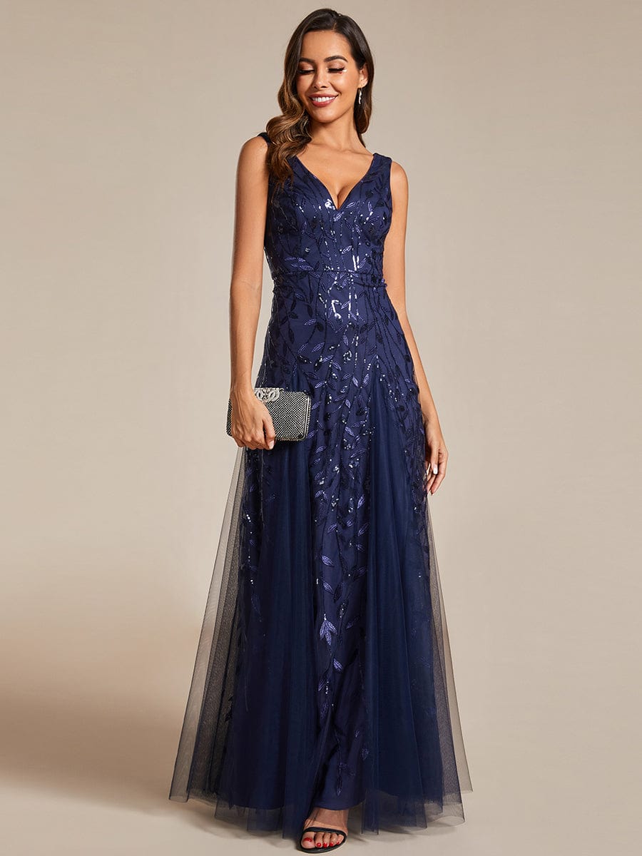 Sleeveless V-Neck Sequined A-Line Evening Dresses #color_Navy Blue