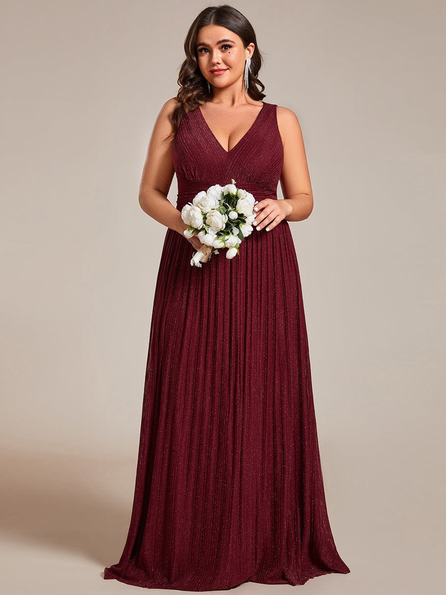 Plus Size V-Neck Sleeveless A-Line Evening Dress with Subtle Glitter #color_Burgundy