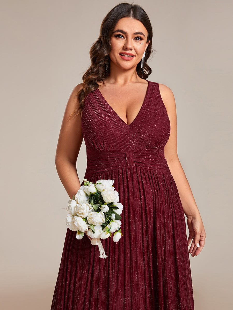 V-Neck Sleeveless A-Line Evening Dress with Subtle Glitter #color_Burgundy