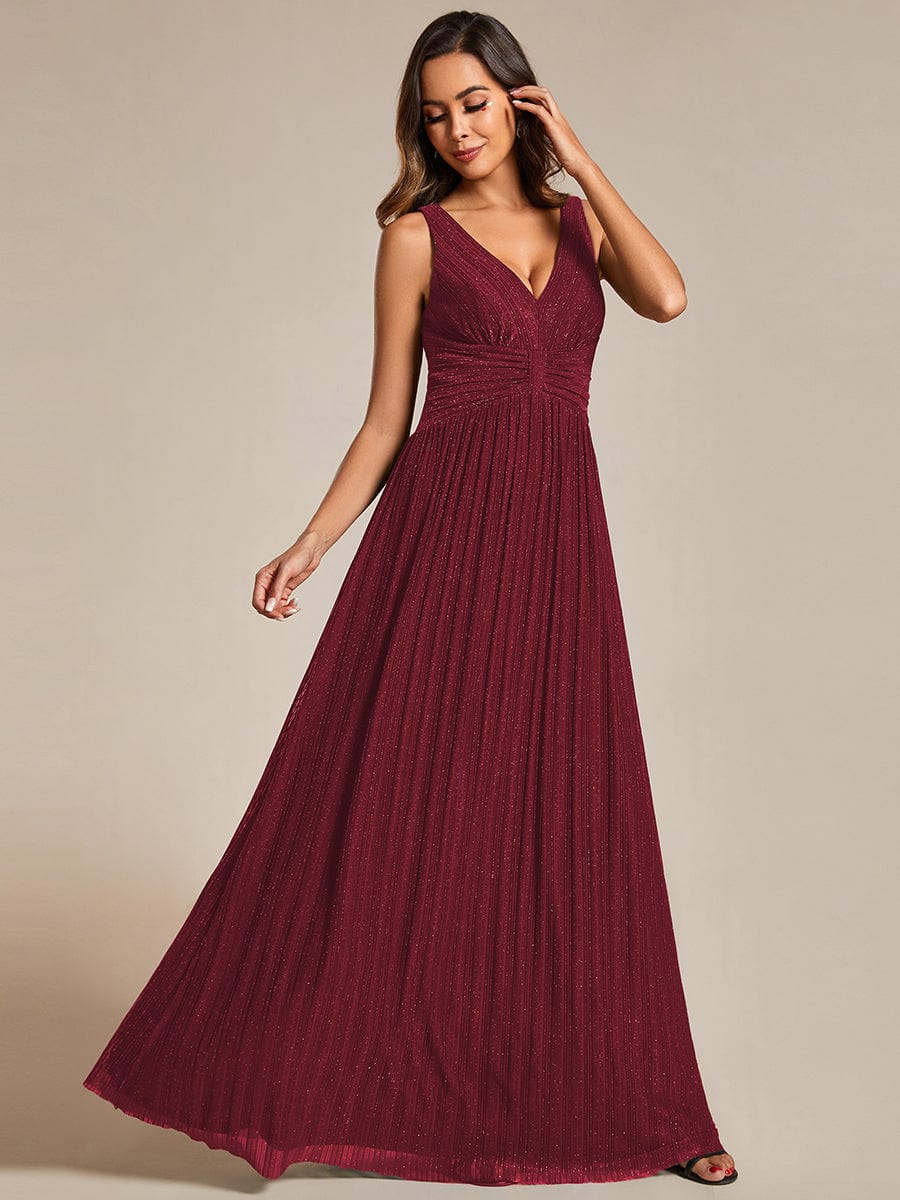 V-Neck Sleeveless A-Line Evening Dress with Subtle Glitter #color_Burgundy