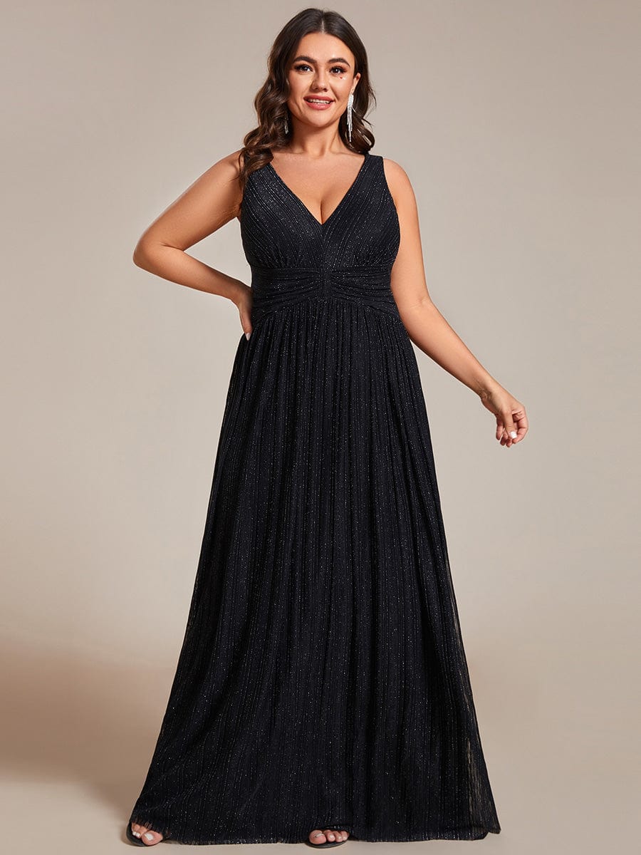 Plus Size V-Neck Sleeveless A-Line Evening Dress with Subtle Glitter #color_Black