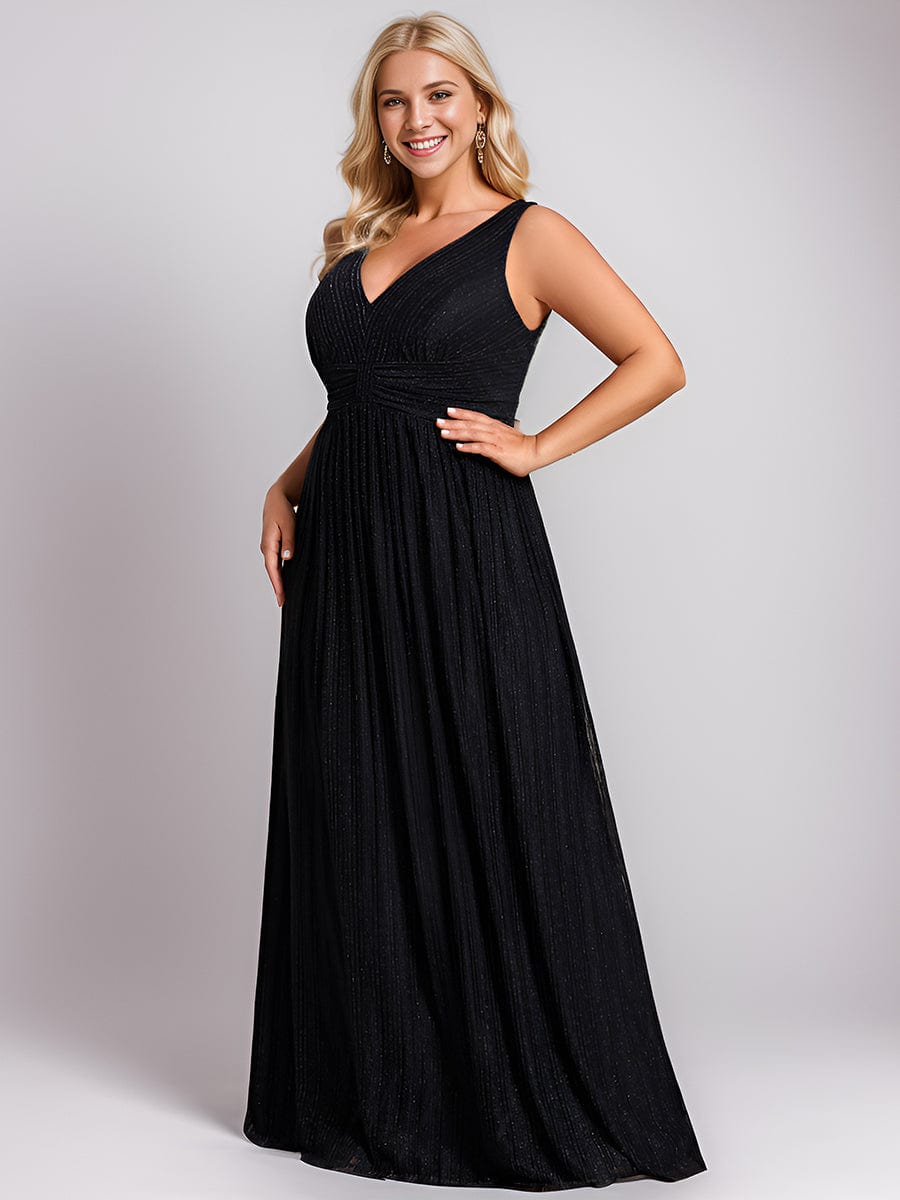 V-Neck Sleeveless A-Line Evening Dress with Subtle Glitter #color_Black