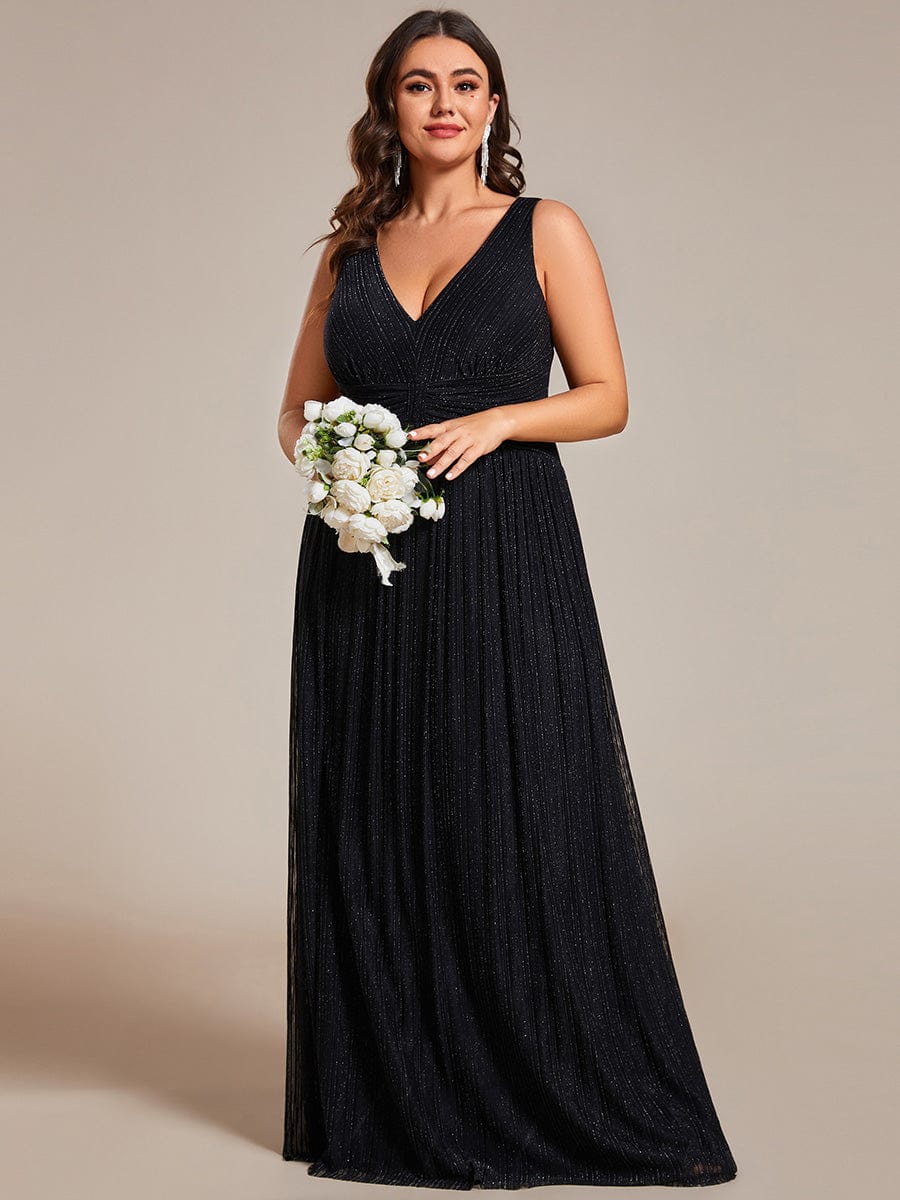 Plus Size V-Neck Sleeveless A-Line Evening Dress with Subtle Glitter #color_Black