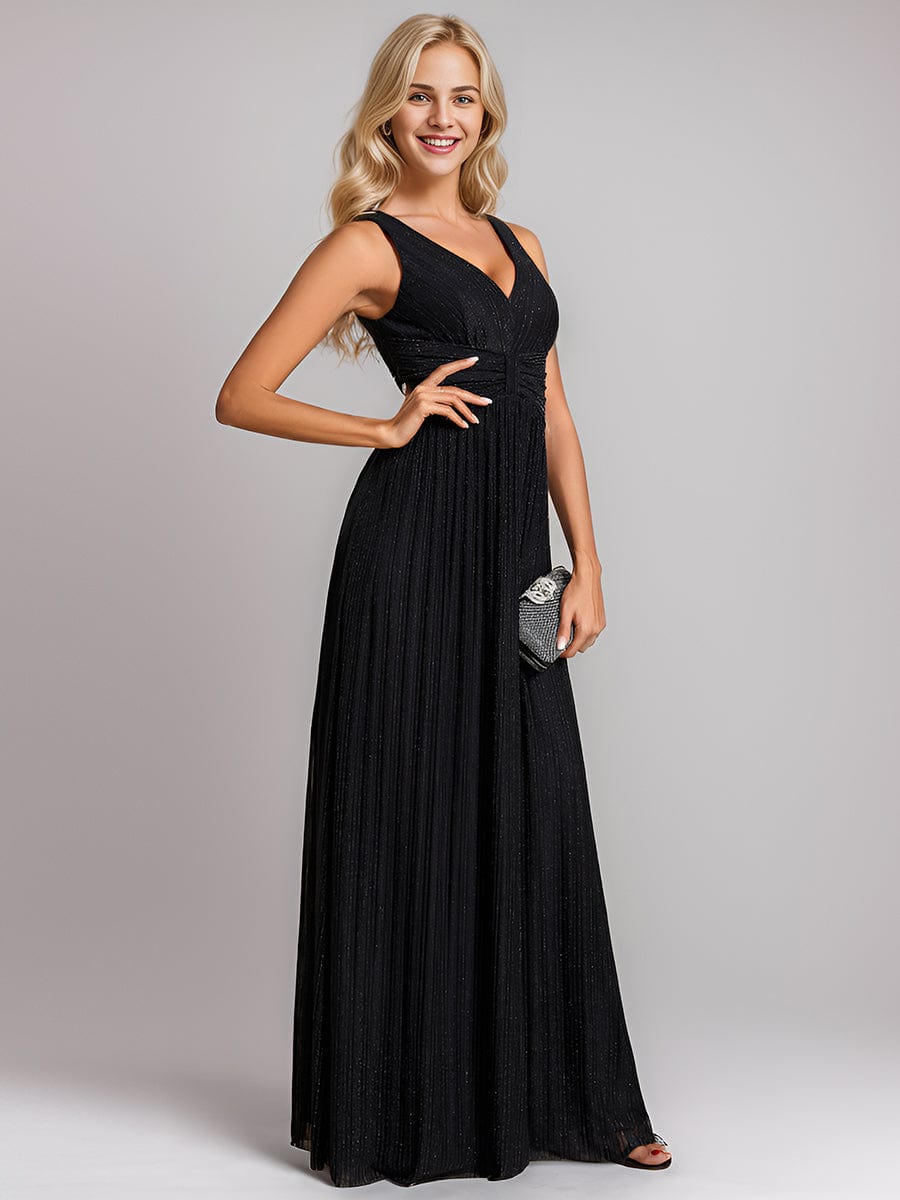 V-Neck Sleeveless A-Line Evening Dress with Subtle Glitter #color_Black