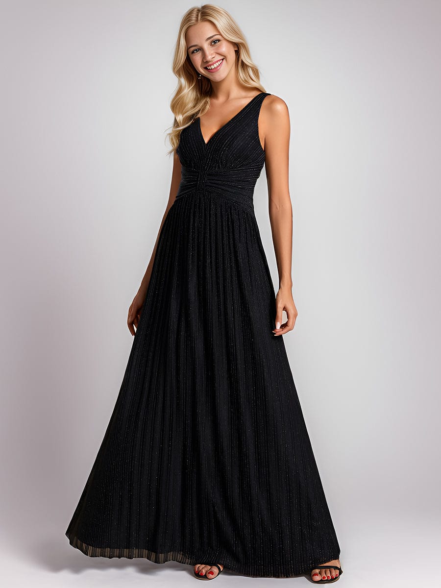 V-Neck Sleeveless A-Line Evening Dress with Subtle Glitter #color_Black