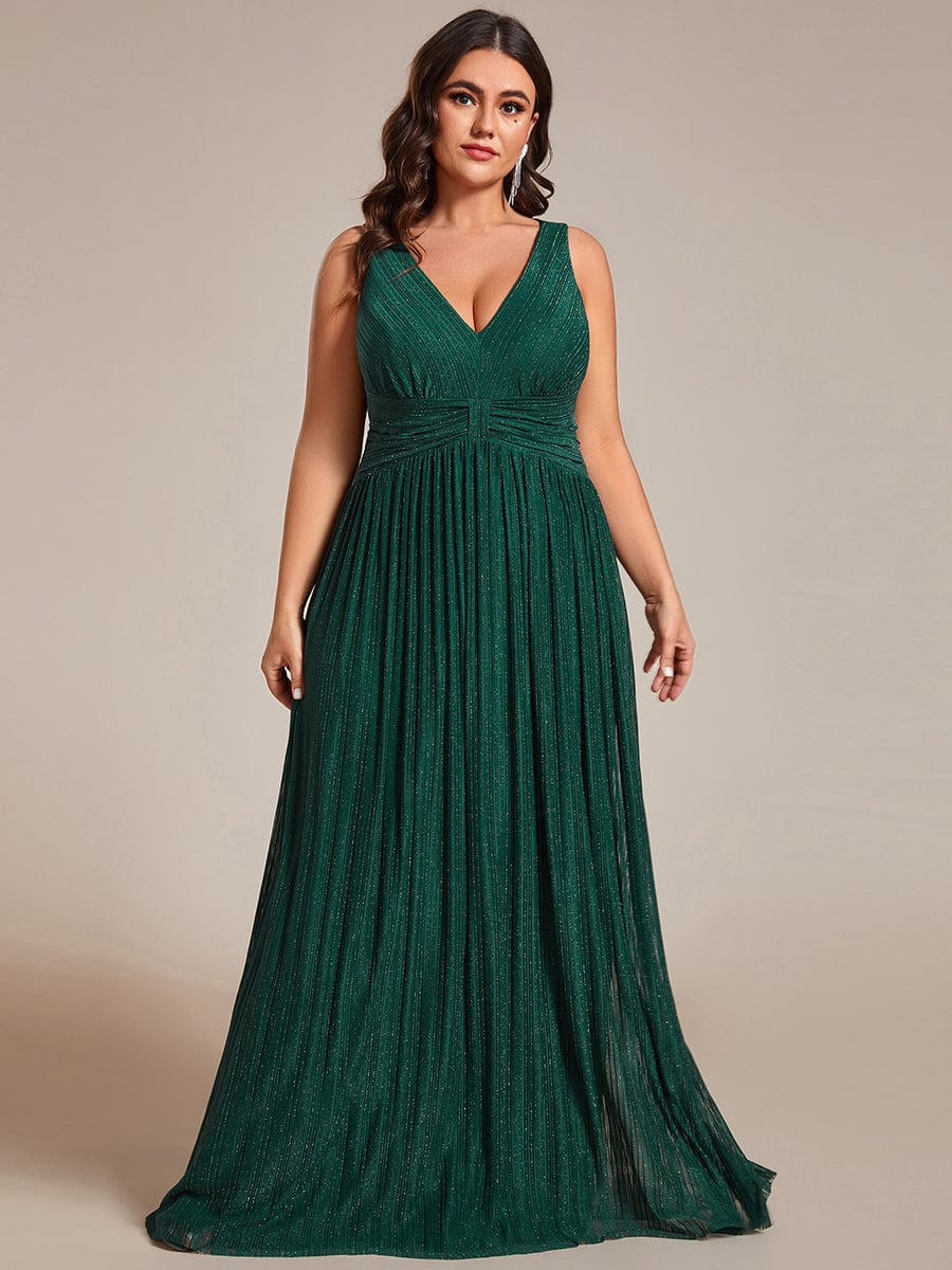 Plus Size V-Neck Sleeveless A-Line Evening Dress with Subtle Glitter #color_Dark Green