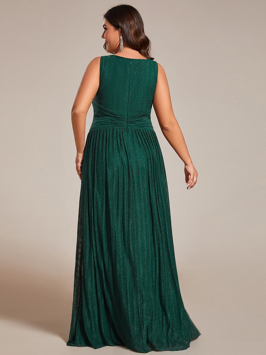 Plus Size V-Neck Sleeveless A-Line Evening Dress with Subtle Glitter #color_Dark Green