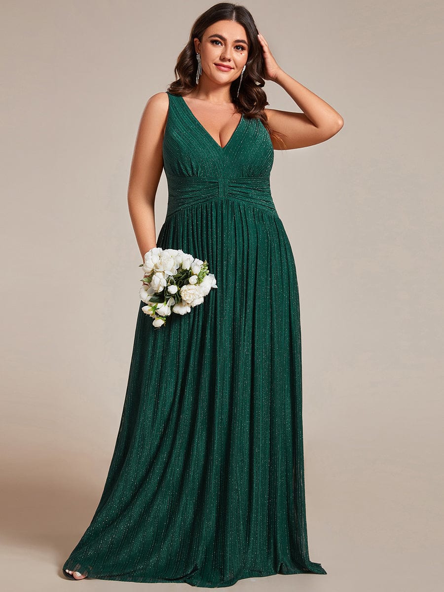 Plus Size V-Neck Sleeveless A-Line Evening Dress with Subtle Glitter #color_Dark Green