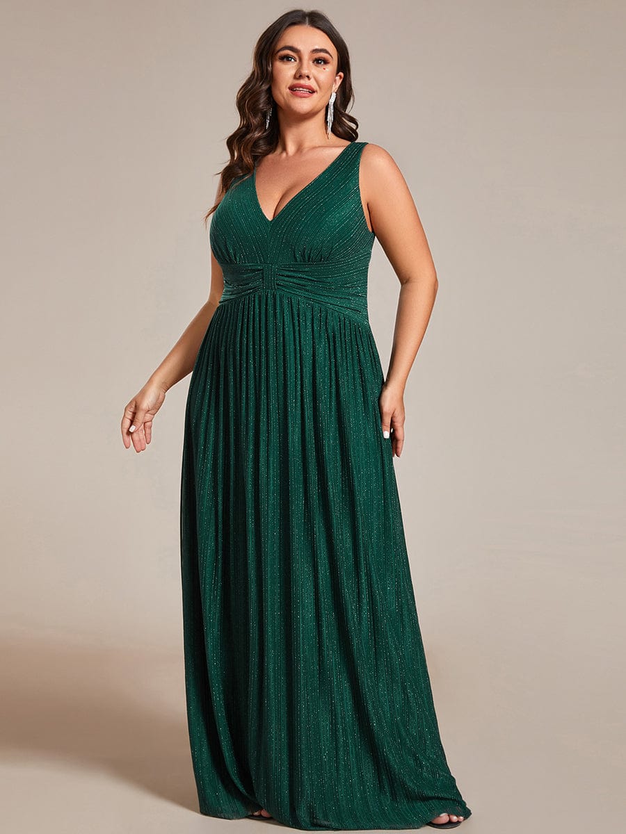 Plus Size V-Neck Sleeveless A-Line Evening Dress with Subtle Glitter #color_Dark Green