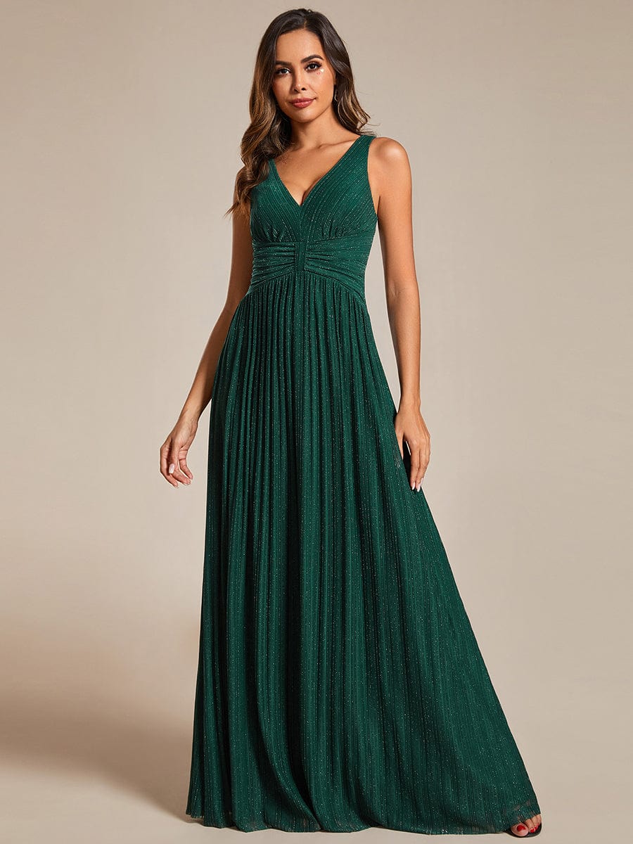 V-Neck Sleeveless A-Line Evening Dress with Subtle Glitter #color_Dark Green