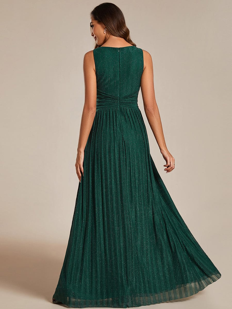 V-Neck Sleeveless A-Line Evening Dress with Subtle Glitter #color_Dark Green